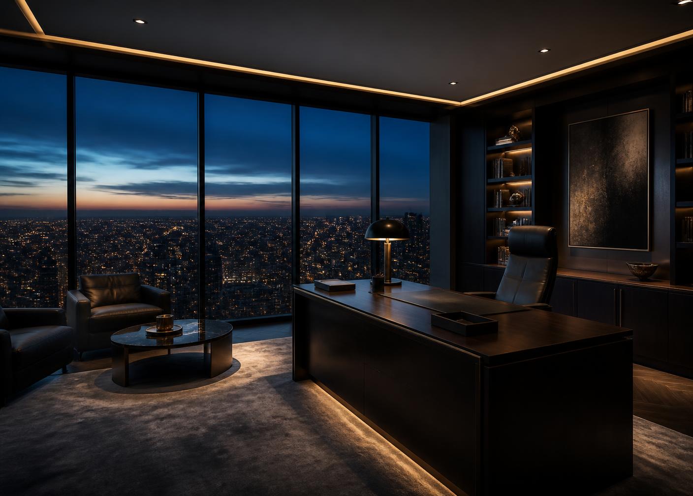 Executive office at dusk overlooking a city skyline