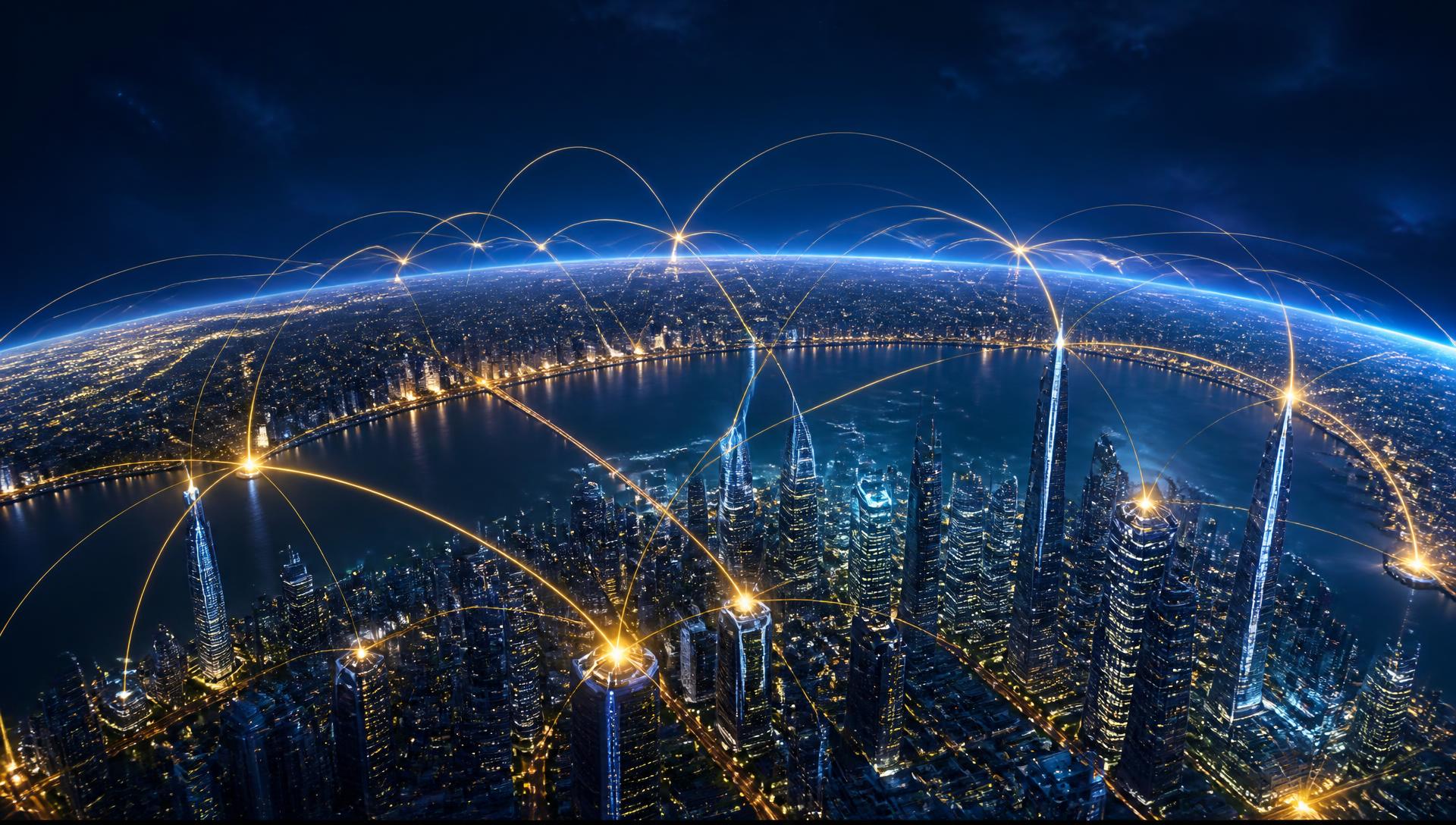 Futuristic skyline with golden global connection arcs