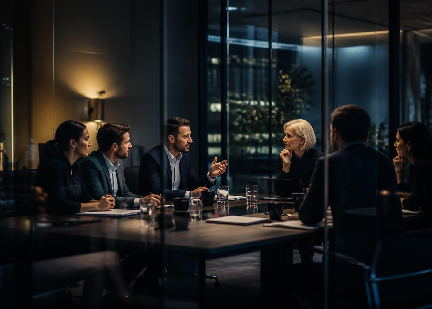 Professionals collaborating in a modern boardroom