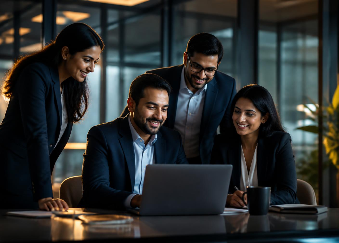 Leadership team collaborating in a modern Indian corporate office