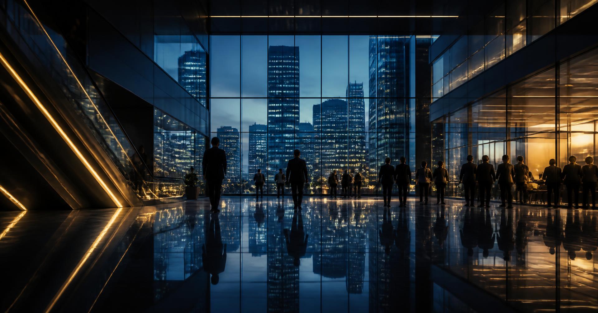 Professionals in a modern corporate atrium at dusk