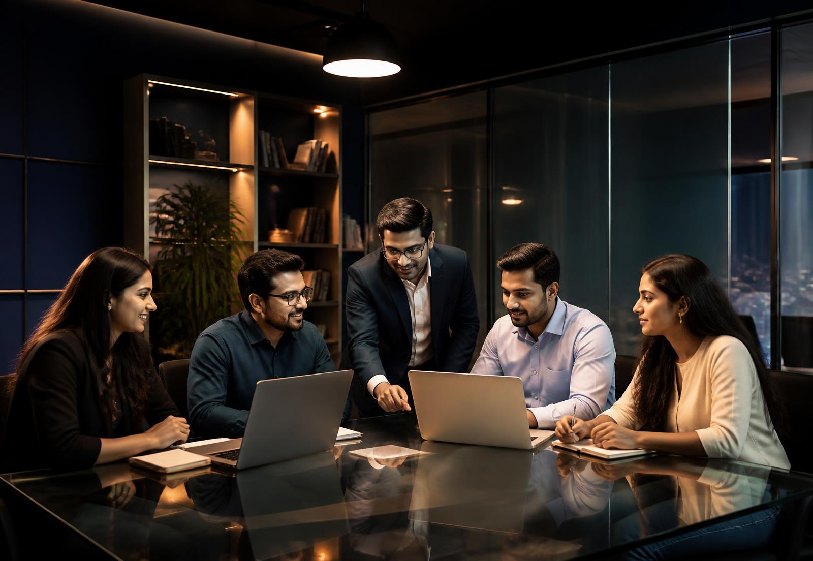 Professionals collaborating around a glass table in a modern office