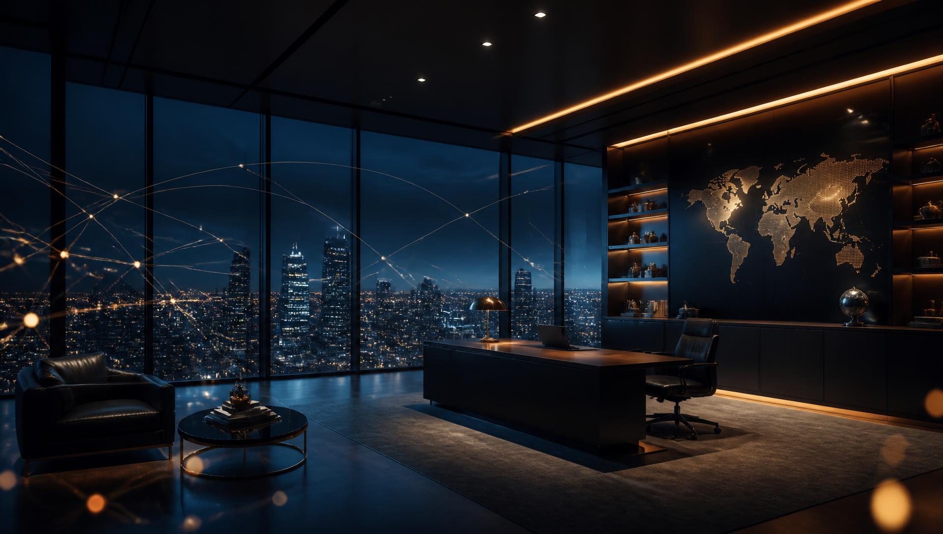 Premium corporate office at dusk with golden global connectivity lines