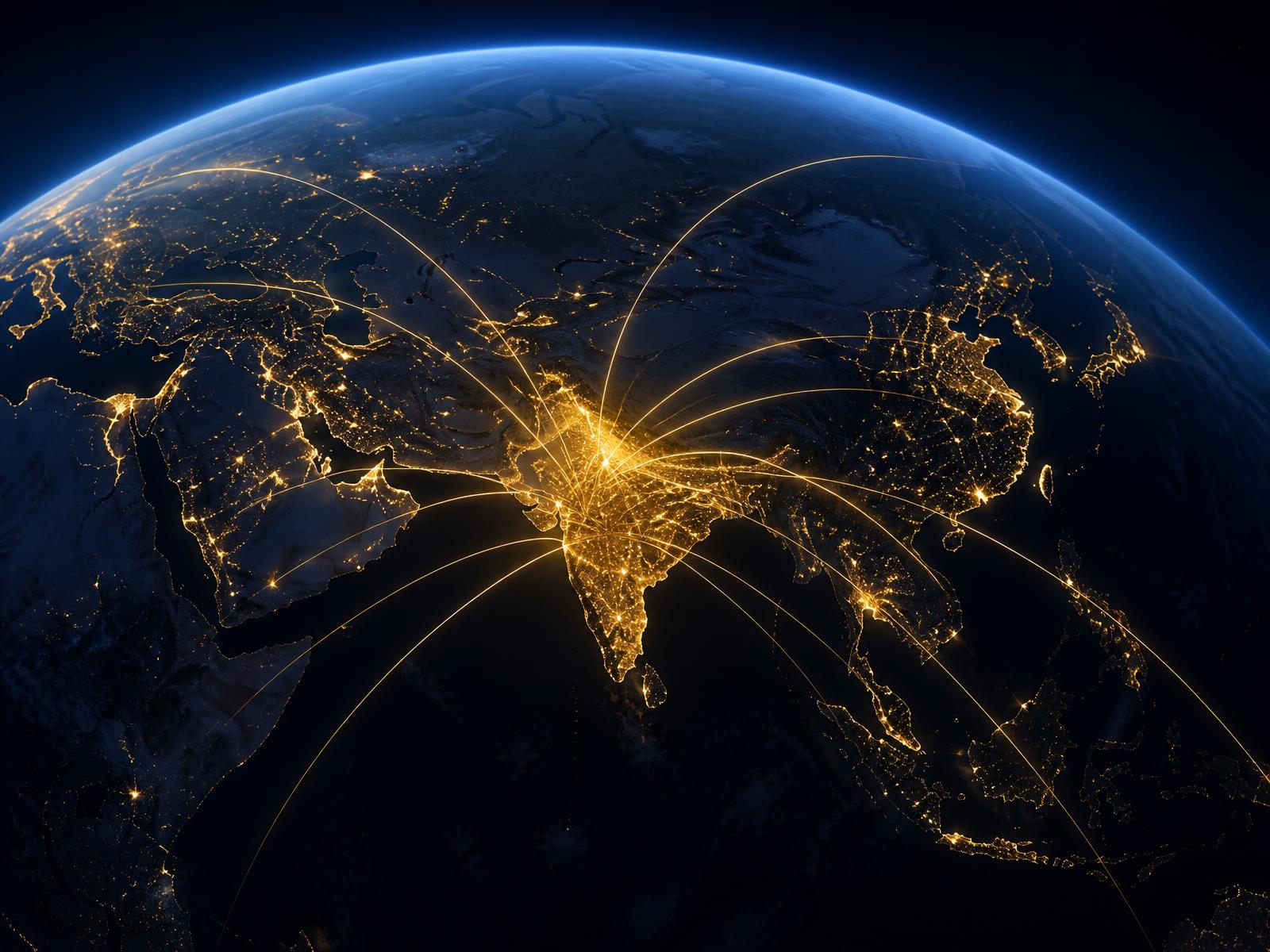 Earth at night with global connections radiating from India